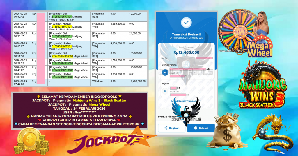 INDO4DPOOLS JACKPOT PRAGMATIC SLOT ” Mahjong Wins 3 – Black Scatter , Mega Wheel ” Rp 12.400.000 ,- LUNAS