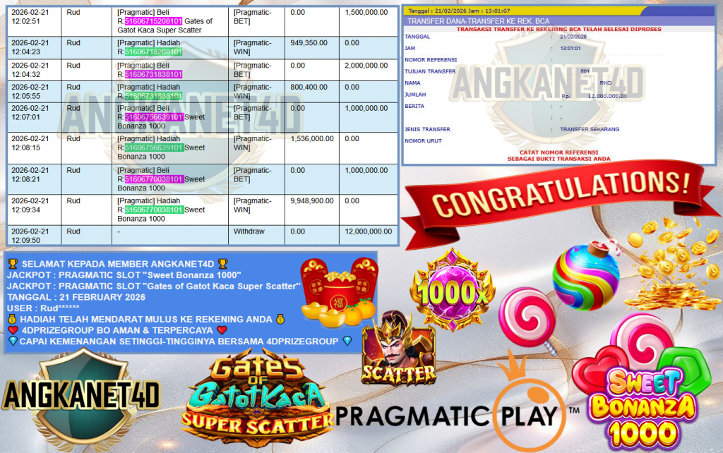 ANGKANET4D JACKPOT PRAGMATIC SLOT ”Sweet Bonanza 1000” & ”Gates of Gatot Kaca Super Scatter” Rp12,000.000,- LUNAS