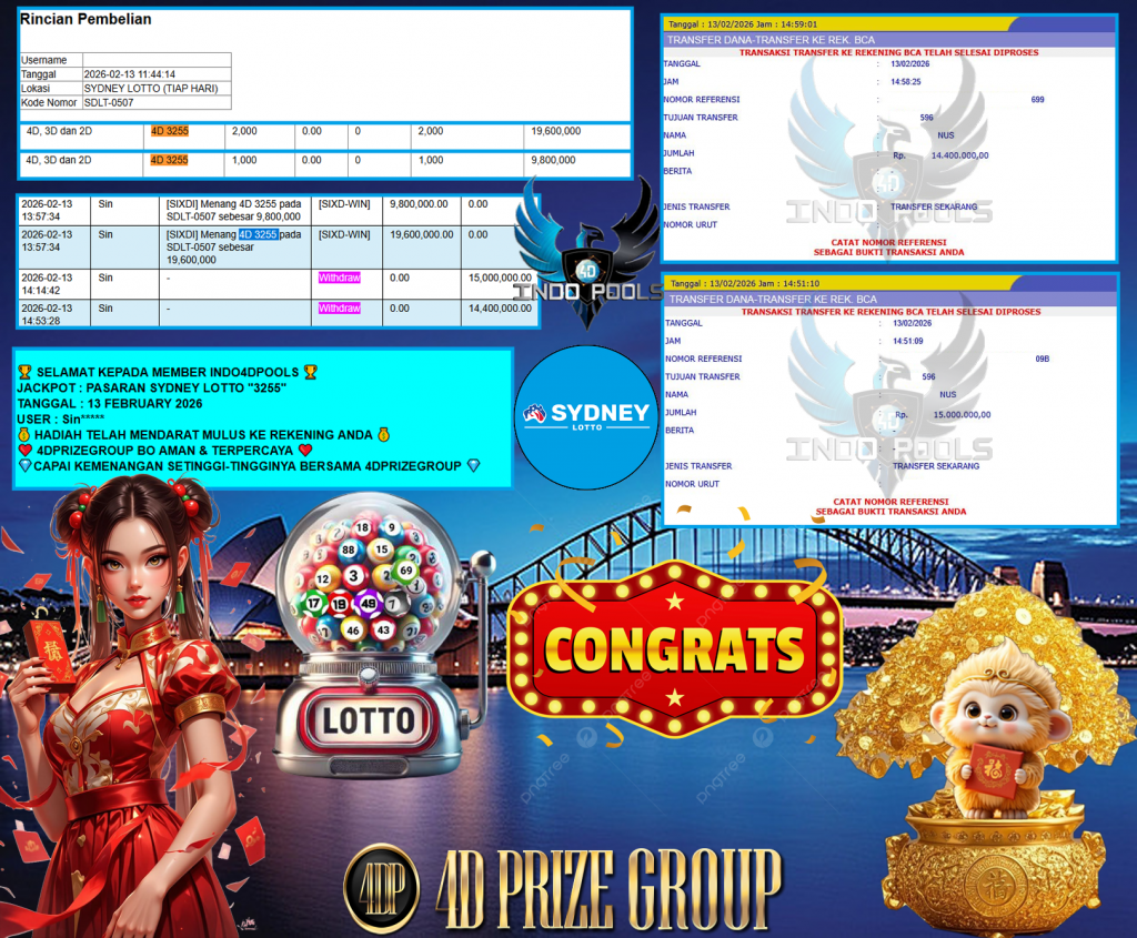 INDO4DPOOLS JACKPOT PASARAN SYDNEY LOTTO “3255” Rp 29.400.000,- LUNAS