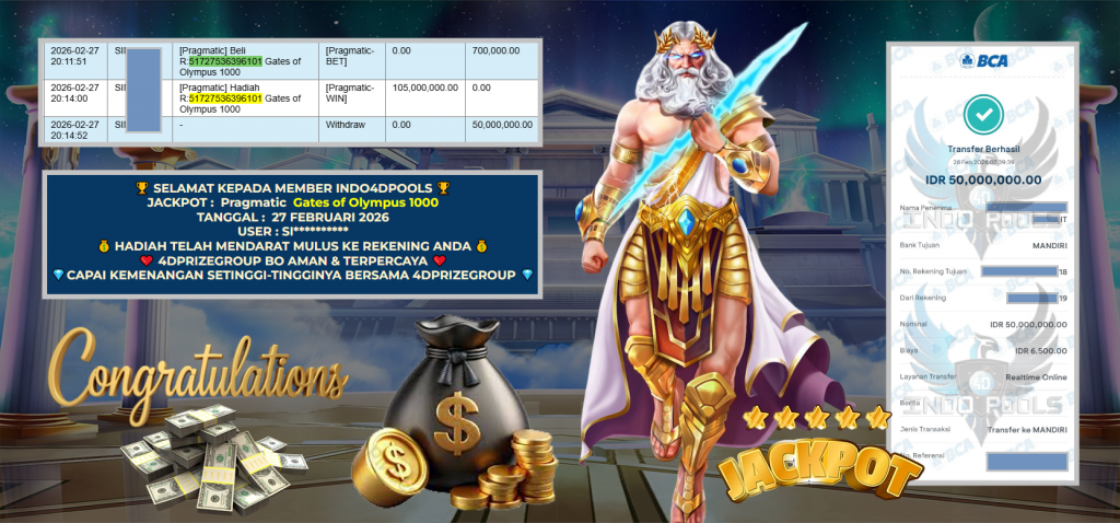 INDO4DPOOLS JACKPOT PRAGMATIC ” Gates of Olympus 1000 ” Rp 100.000.000 ,- LUNAS