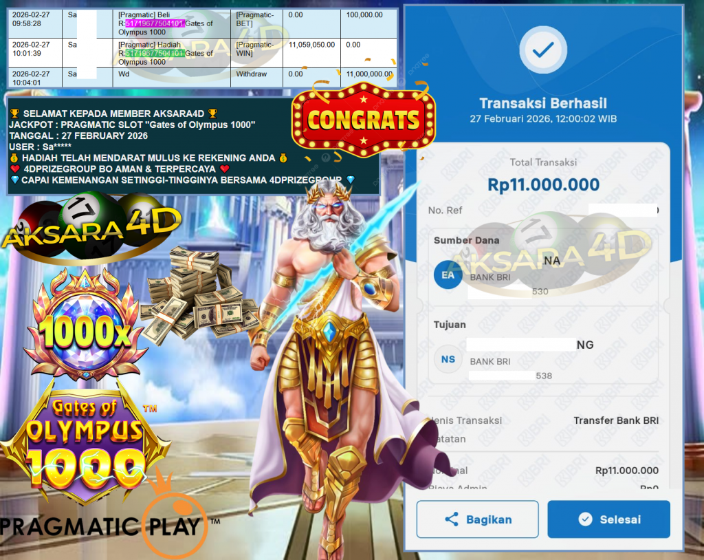 AKSARA4D JACKPOT PRAGMATIC SLOT ”Gates of Olympus 1000” Rp11,000.000,- LUNAS