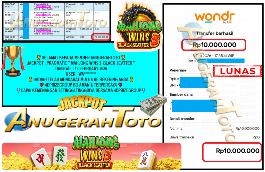 ANUGERAHTOTO JACKPOT PRAGMATIC ” MAHJONG WINS 3- BLACK SCATTER ″ Rp 10.000.000,- LUNAS