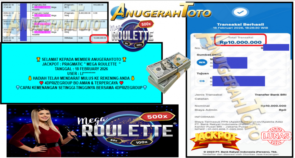 ANUGERAHTOTO JACKPOT PRAGMATIC ” MEGA ROULETTE ″ Rp 10.000.000,- LUNAS