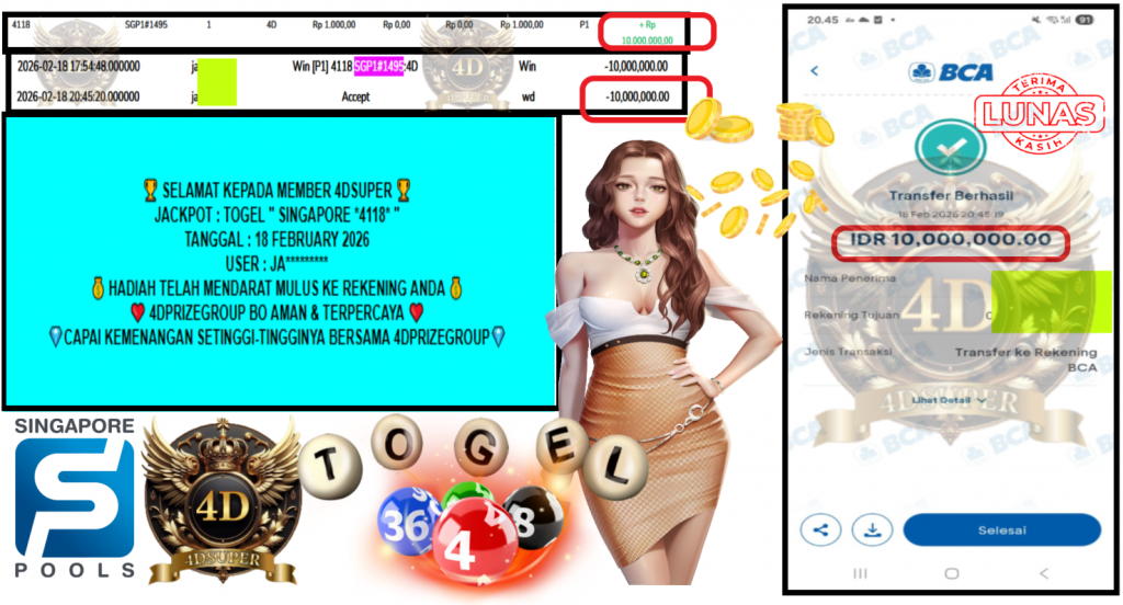4DSUPER JACKPOT PASARAN SINGAPORE “4118” Rp 10.000.000,- LUNAS