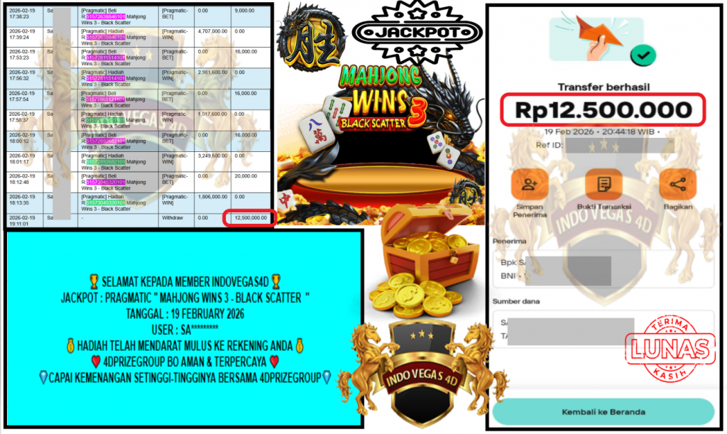 INDOVEGAS4D JACKPOT PRAGMATIC ”MAHJONG WINS 3 – BLACK SCATTER” Rp12,500.000,- LUNAS