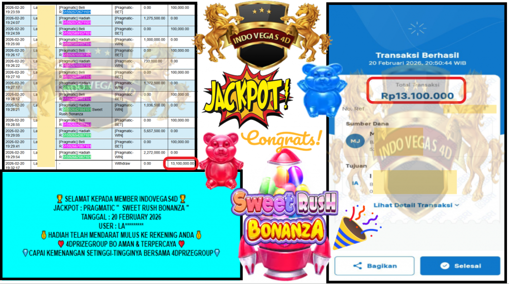 INDOVEGAS4D JACKPOT PRAGMATIC “SWEET RUSH BONANZA″‎‏‏‎‎ Rp13.100.000,- LUNAS