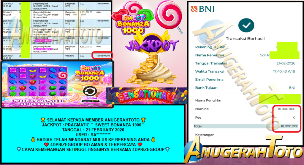 ANUGERAHTOTO JACKPOT PRAGMATIC “SWEET BONANZA 1000″‎‏‏‎‎ Rp18.000.000,- LUNAS