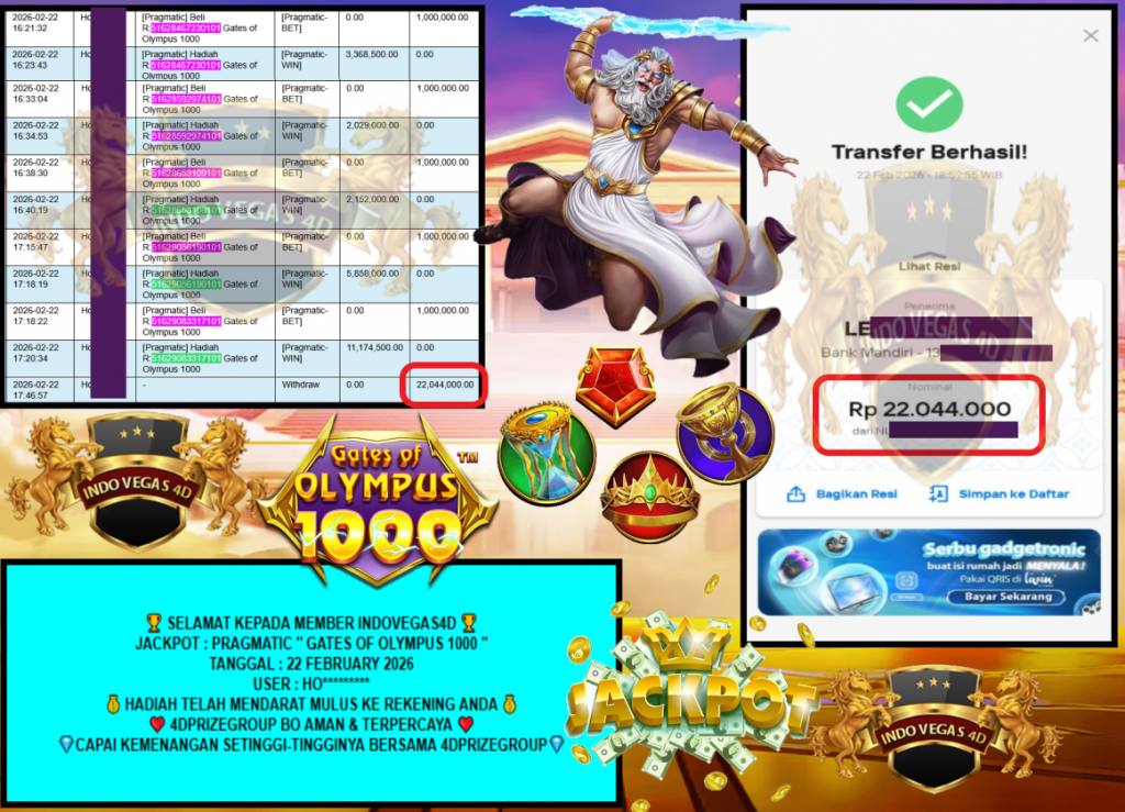 INDOVEGAS4D JACKPOT PRAGMATIC “GATES OF OLYMPUS 1000”‎‏‏‎‎ Rp22.044.000,- LUNAS