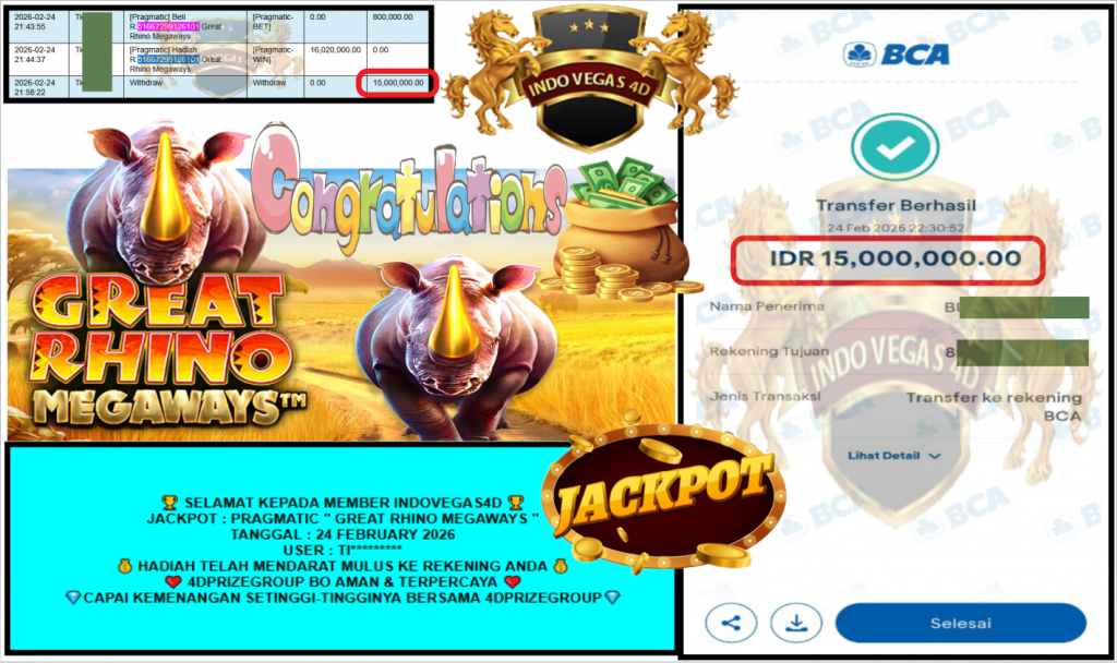 INDOVEGAS4D JACKPOT PRAGMATIC “GREAT RHINO MEGAWAYS”‎‏‏‎‎ Rp15.000.000,- LUNAS