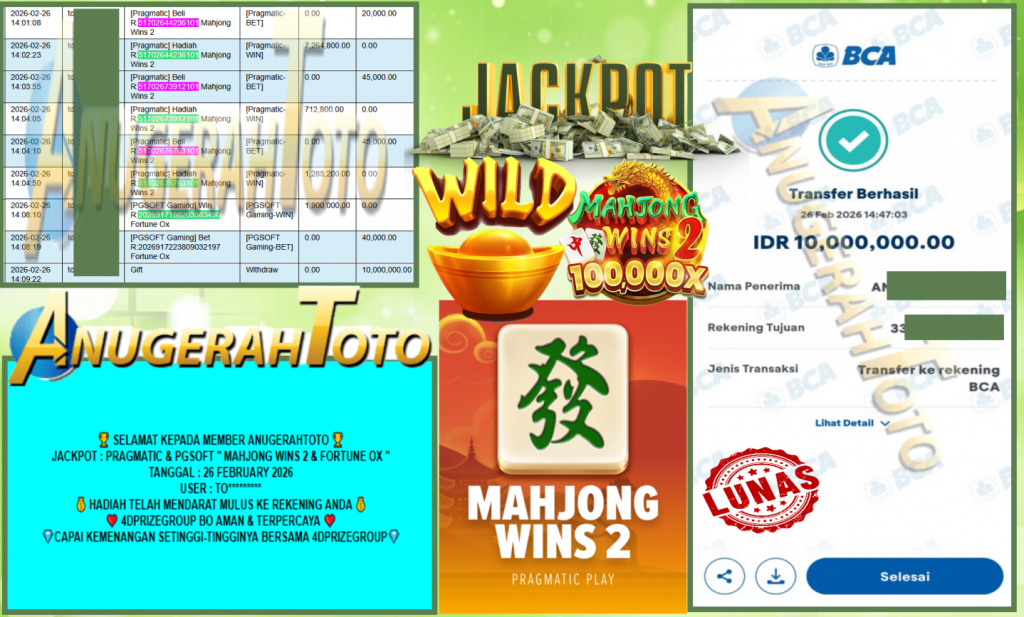 ANUGERAHTOTO JACKPOT PRAGMATIC & PG SOFT ” MAHJONG WINS 2 & FORTUNE OX ” Rp 10.000.000,- LUNAS