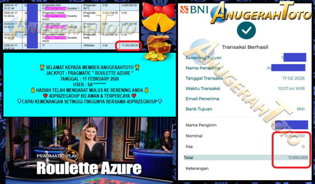 ANUGERAHTOTO JACKPOT PRAGMATIC ” ROULETTE AZURE ” Rp 11,000,000,- LUNAS