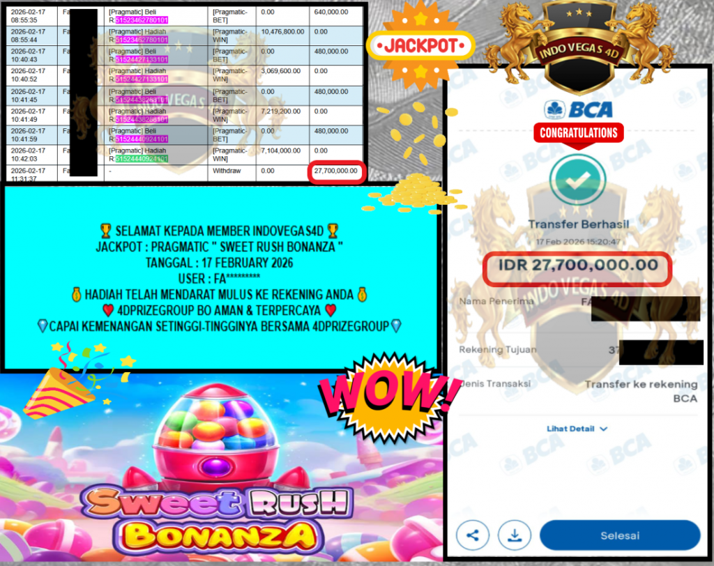INDOVEGAS4D JACKPOT PRAGMATIC ” SWEET RUSH BONANZA ” Rp 27,700,000,- LUNAS