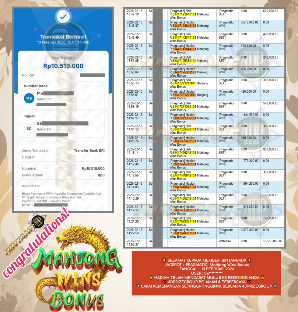 BINTANG4DP JACKPOT PRAGMATIC “Mahjong Wins Bonus” Rp 10,519.000,- LUNAS