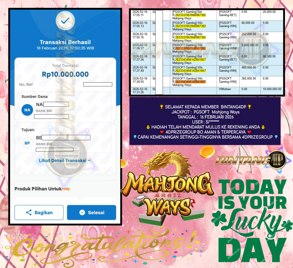 BINTANG4DP JACKPOT PGSOFT “Mahjong Ways ” Rp 10,000,000,- LUNAS