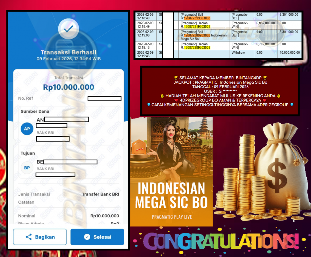 BINTANG4DP PRAGMATIC “Indonesian Mega Sic Bo” Rp 10,000.000,- LUNAS