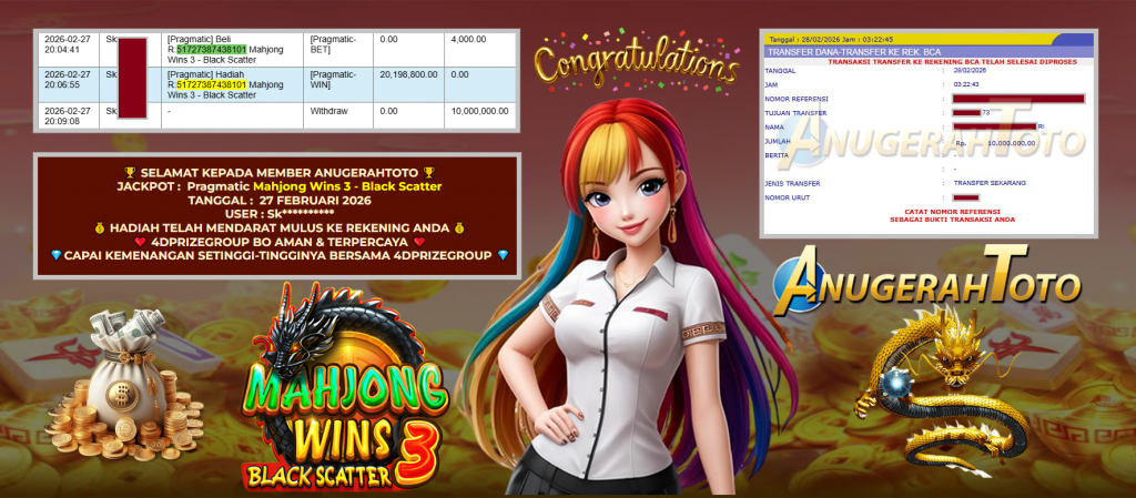 ANUGERAHTOTO JACKPOT PRAGMATIC ” Mahjong Wins 3 – Black Scatter ” Rp 10.000.000 ,- LUNAS