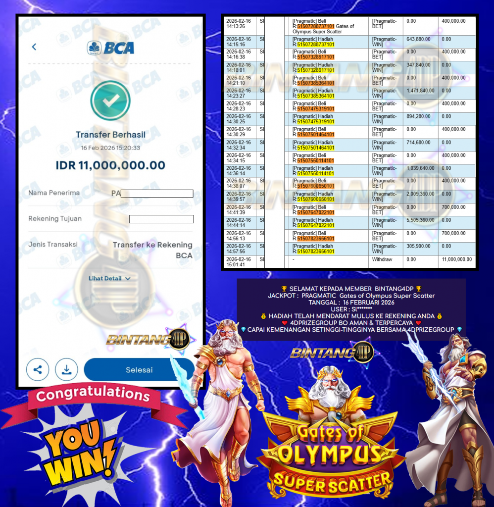 BINTANG4DP JACKPOT PRAGMATIC ” Gates of Olympus Super Scatter ” Rp 11,000,000,- LUNAS