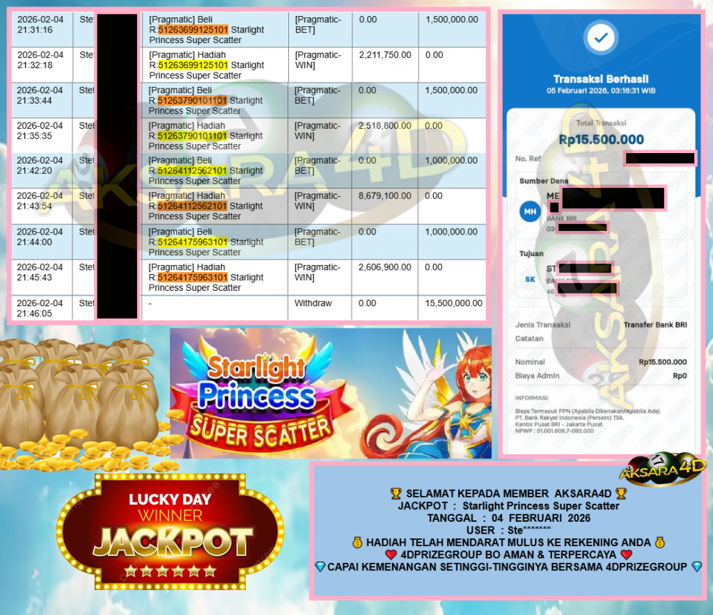 AKSARA4D JACKPOT PRAGMATIC SLOT “Starlight Princess Super Scatter”‎‏‏‎‎ Rp15.500.000,- LUNAS