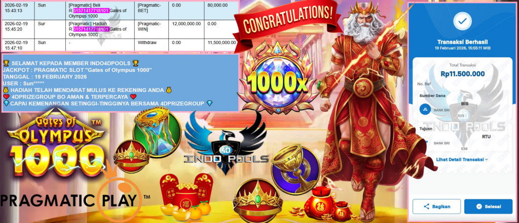 INDO4DPOOLS JACKPOT PRAGMATIC SLOT ”Gates of Olympus 1000” Rp11,500.000,- LUNAS