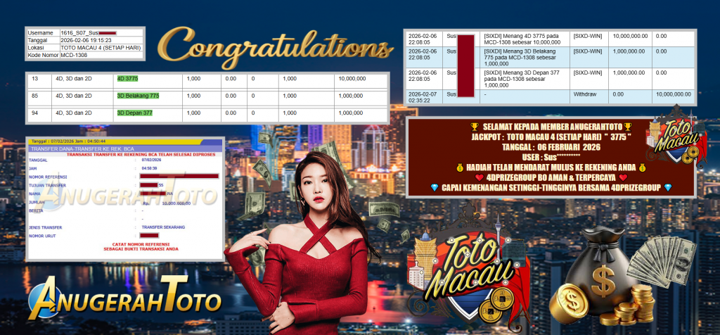 ANUGERAHTOTO JACKPOT PASARAN TOTO MACAU 4 (SETIAP HARI) ” 3775 ” Rp 10.000.000,- LUNAS