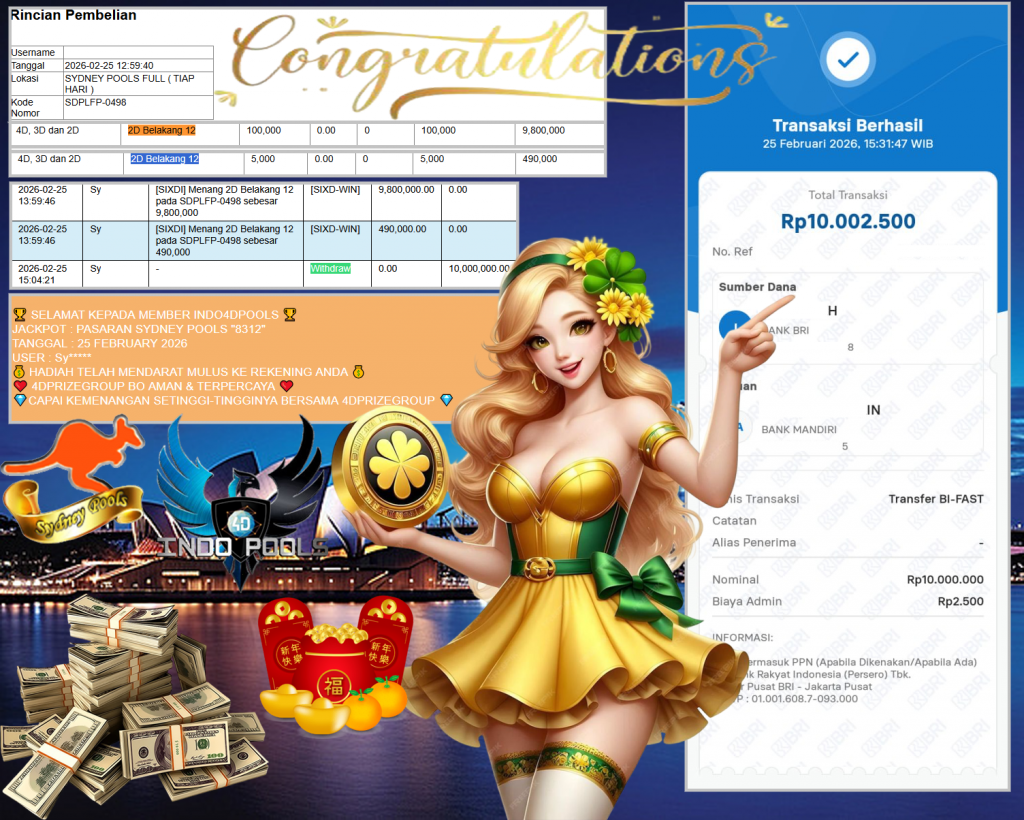 INDO4DPOOLS JACKPOT PASARAN SYDNEY POOLS “8312” Rp10.000.000,- LUNAS