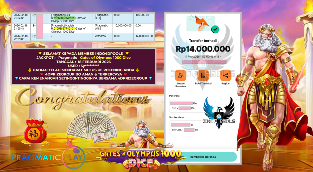 INDO4DPOOLS JACKPOT PRAGMATIC SLOT ” Gates of Olympus 1000 Dice ” Rp 14.000.000,- LUNAS