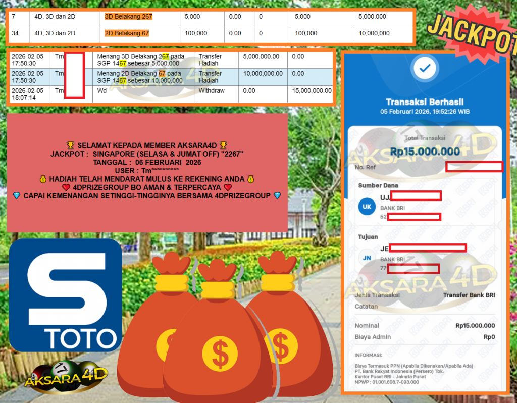 AKSARA4D JACKPOT PASARAN SINGAPORE (SELASA & JUMAT OFF) “2267”‎‏‏‎ Rp15.000.000,- LUNAS