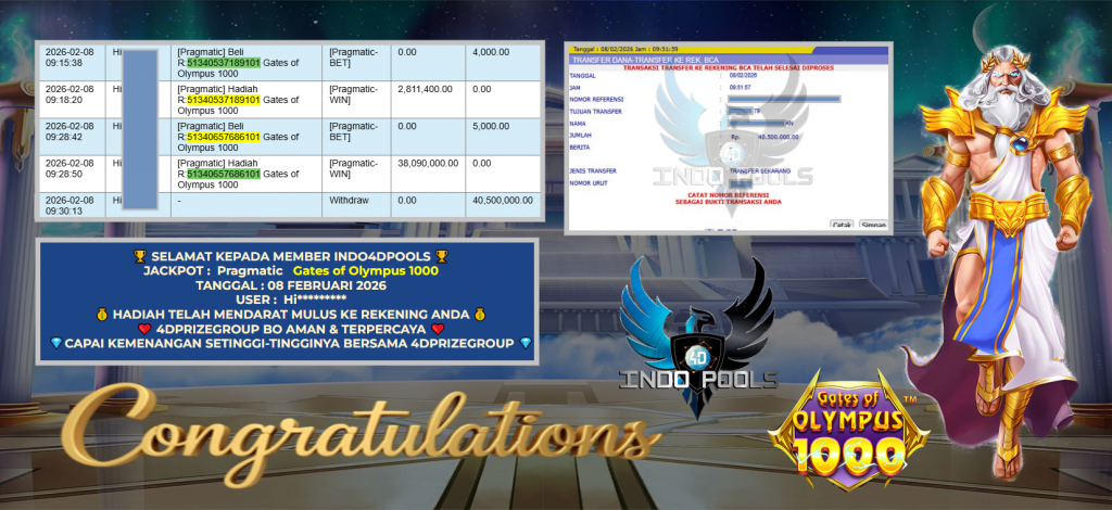 INDo4DPOOLS JACKPOT PRAGMATIC SLOT ” Gates of Olympus 1000″ Rp 40.500.000,- LUNAS