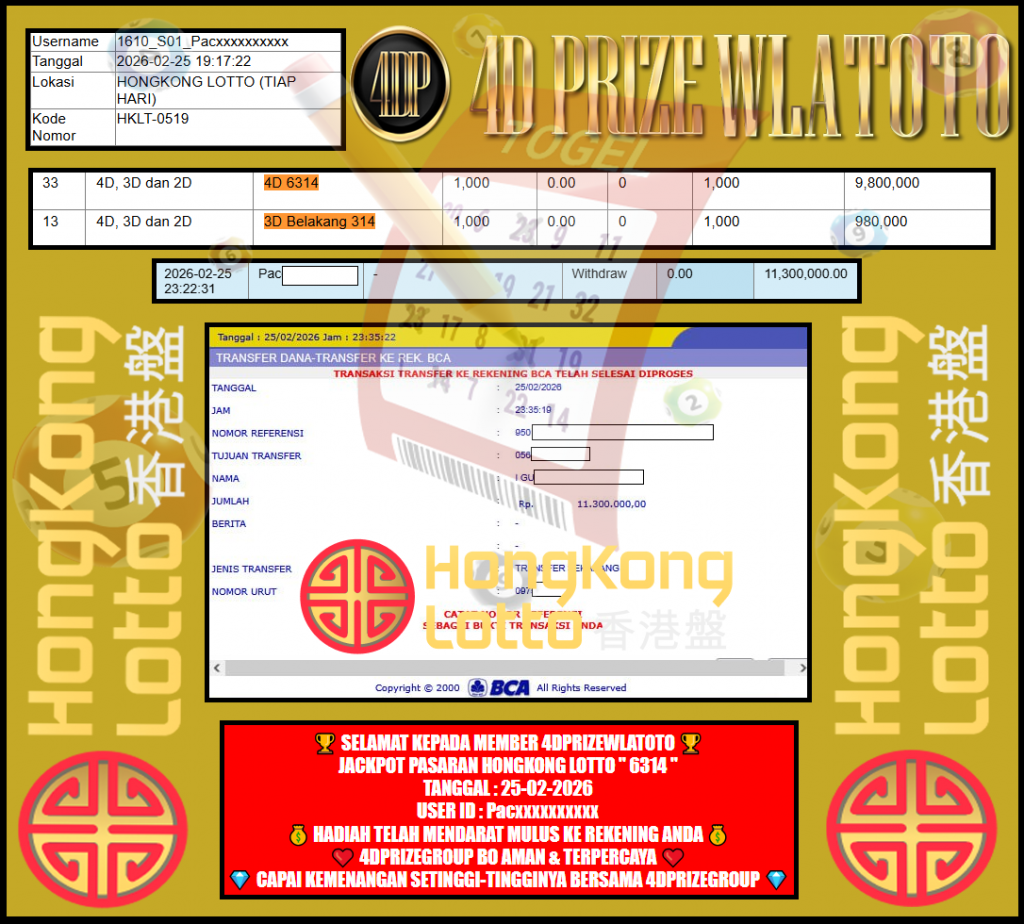4DPRIZEWLATOTO JACKPOT PASARAN HONGKONG LOTTO ” 6314 ” ‎‎‏                              Rp 11.300.000,- LUNAS