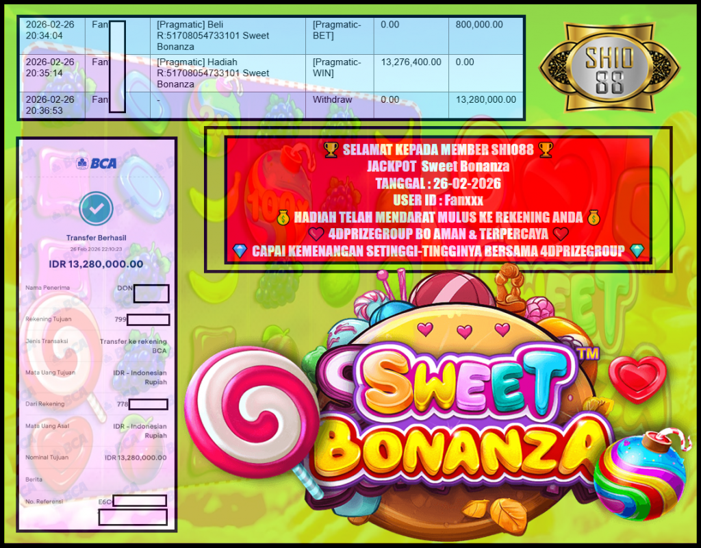 SHIO88 JACKPOT PRAGMATIC “Sweet Bonanza”‎‏‏‎‎                                                         Rp 13.280.000,- LUNAS