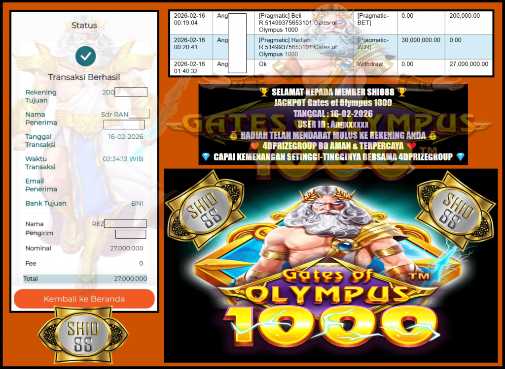 SHIO88 JACKPOT PRAGMATIC “Gates of Olympus 1000″‎‏‏‎‎                                              Rp 27.000.000,- LUNAS