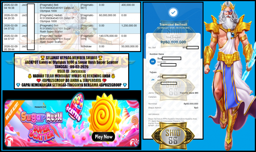 SHIO88 JACKPOT PRAGMATIC “Gates of Olympus 1000 & Sugar Rush Super Scatter”‎‏‏‎‎ Rp50.000.000,- LUNAS