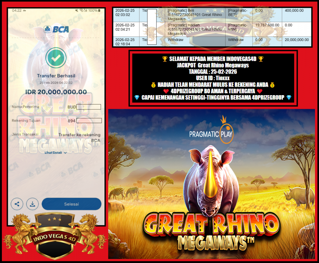 INDOVEGAS4D JACKPOT PRAGMATIC “Great Rhino Megaways”‎‏‏‎‎                               Rp 20.000.000,- LUNAS