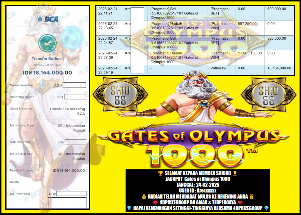 SHIO88 JACKPOT PRAGMATIC “Gates of Olympus 1000″‎‏‏‎‎                                             Rp 18.164.000,- LUNAS