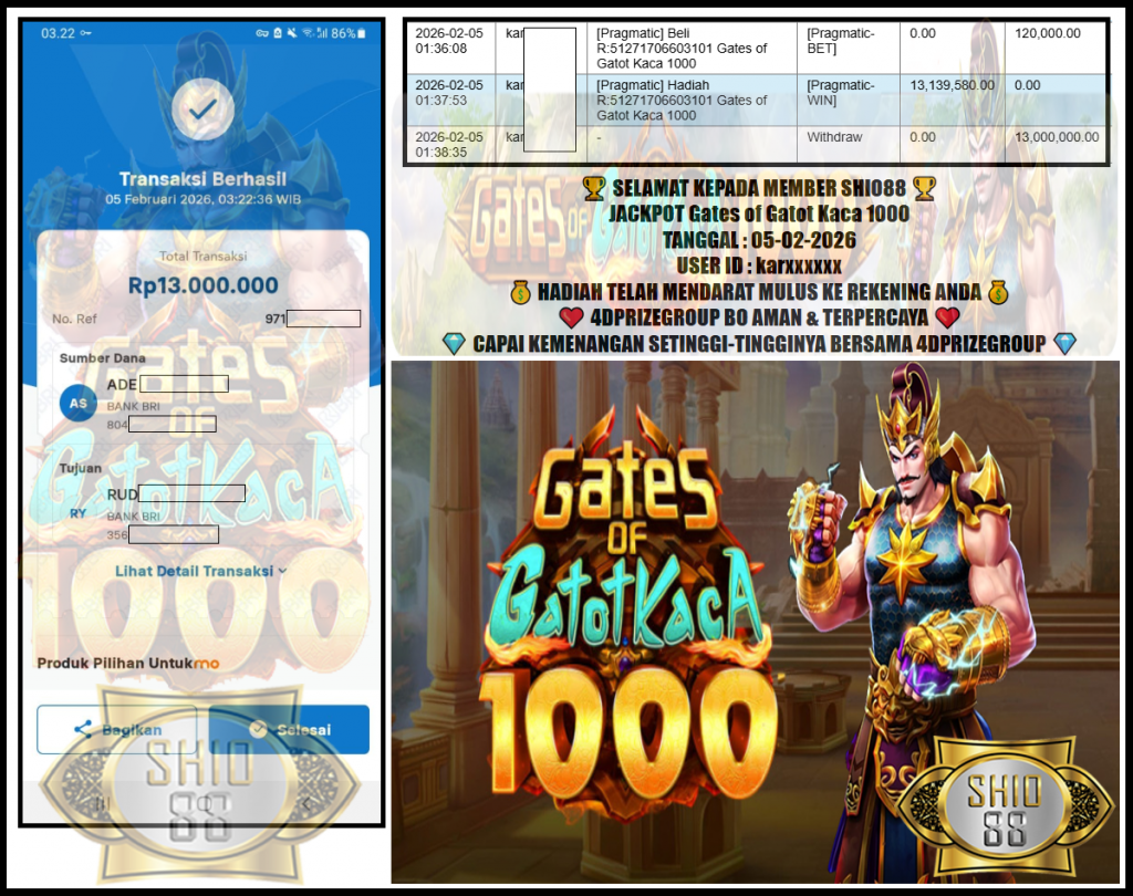SHIO88 JACKPOT PRAGMATIC “Gates of Gatot Kaca 1000″‎‏‏‎‎                      Rp13.000.000,- LUNAS