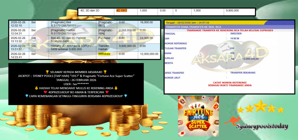 AKSARA4D JACKPOT PASARAN SYDNEY POOLS (TIAP HARI) “1917” & Pragmatic “Fortune Ace Super Scatter” Rp12.000.000,- LUNAS