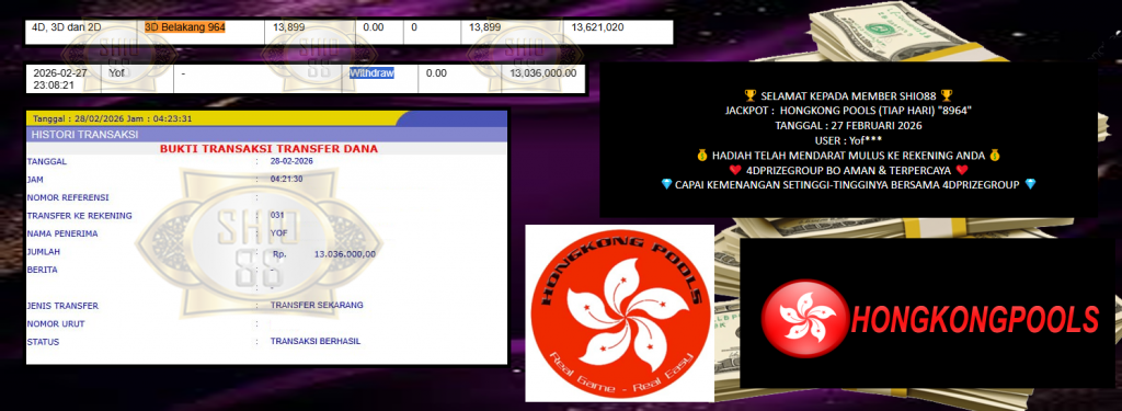 SHIO88 JACKPOT HONGKONG POOLS (TIAP HARI) “8964” Rp13.036.000,- LUNAS