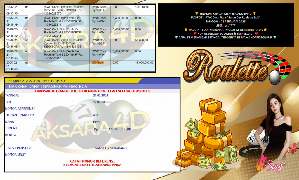 AKSARA4D JACKPOT AWC Cock Fight “Settle Bet Roulette TxId” Rp15.000.000,- LUNAS