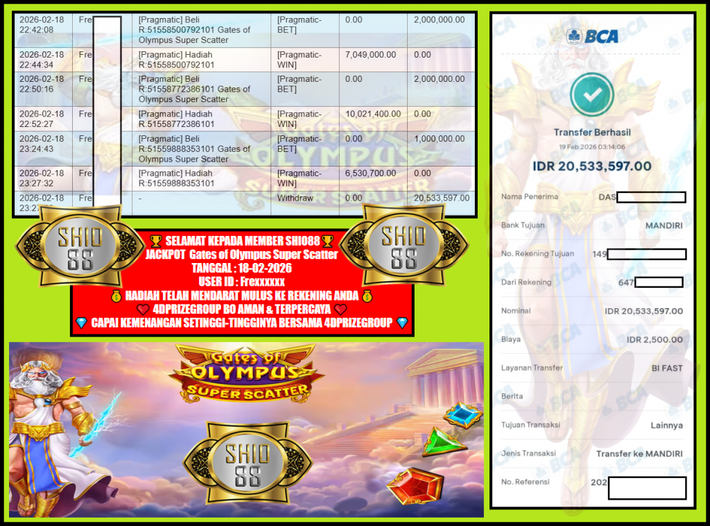 SHIO88 JACKPOT PRAGMATIC SLOT “Gates of Olympus Super Scatter” Rp20.533.597,- LUNAS