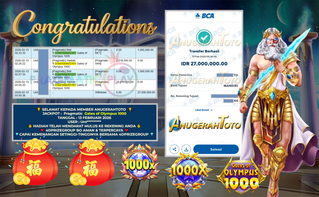 ANUGERAHTOTO JACKPOT PRAGMATIC SLOT ” Gates of Olympus 1000 ” Rp 27.000.000,- LUNAS