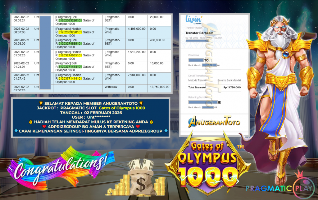 ANUGERAHTOTO JACKPOT PRAGMATIC SLOT “Gates of Olympus 1000” Rp 13.750.000,- LUNAS