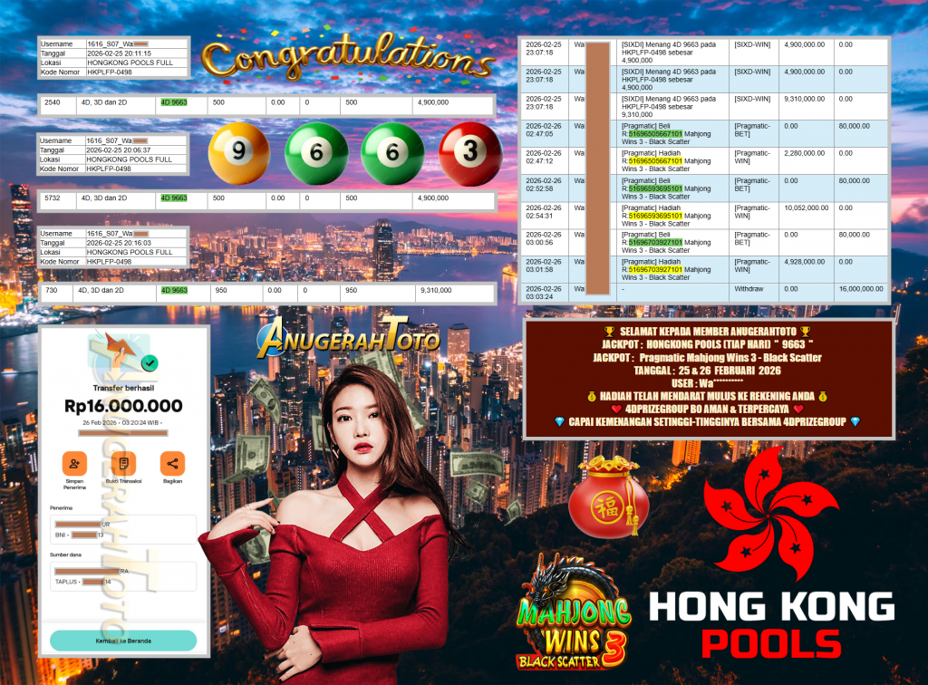 ANUGERAHTOTO JACKPOT PASARAN HONGKONG POOLS (TIAP HARI) ” 9663 ” & Pragmatic Mahjong Wins 3 – Black Scatter Rp 16.000.000,- LUNAS