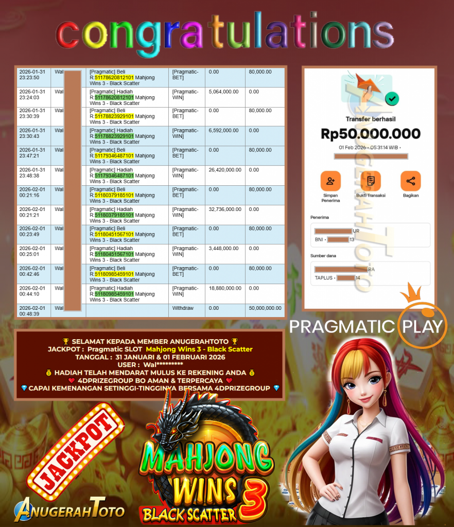 ANUGERAHTOTO JACKPOT PRAGMATIC SLOT “Mahjong Wins 3 – Black Scatter” Rp 50.000.000,- LUNAS
