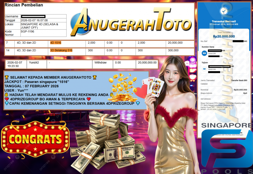 ANUGERAHTOTO JACKPOT PASARAN SINGAPORE “1516” Rp 20.000.000,- LUNAS