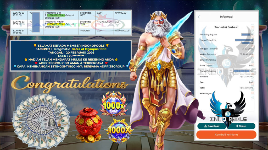 INDO4DPOOLS JACKPOT PRAGMATIC SLOT ” Gates of Olympus 1000 ” Rp 10.000.000,- LUNAS