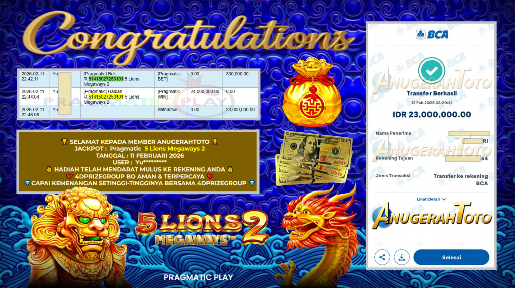 ANUGERAHTOTO JACKPOT PRAGMATIC SLOT ” 5 Lions Megaways 2 ” Rp 23.000.000,- LUNAS