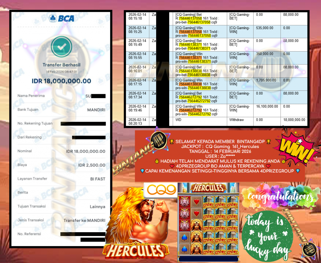 BINTANG4DP JACKPOT CQ Gaming ” 161_Hercules ” Rp 18,000.000,- LUNAS