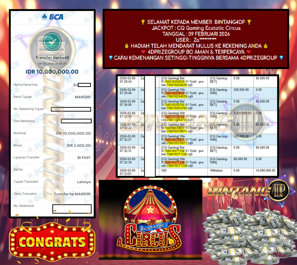BINTANG4DP CQ Gaming “Ecstatic Circus” Rp 10,000.000,- LUNAS