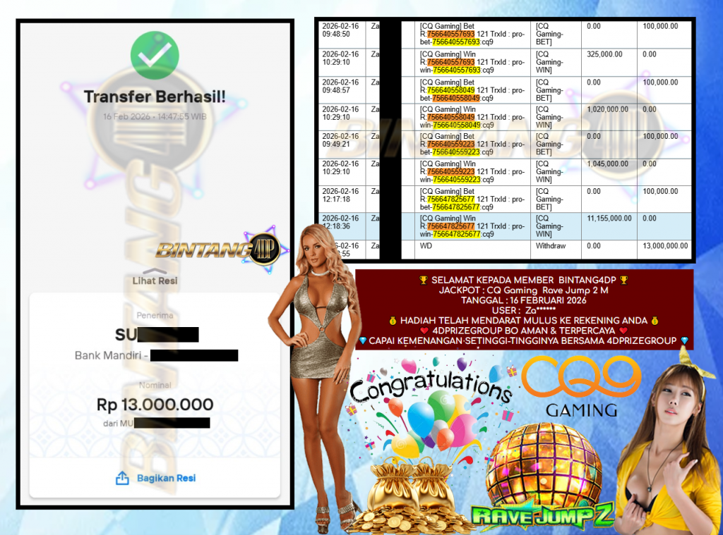 BINTANG4DP JACKPOT CQ Gaming ” Rave Jump 2 M ” Rp 13,000,000,- LUNAS