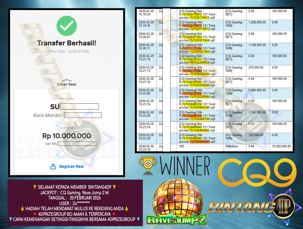 BINTANG4DP JACKPOT CQ Gaming ” Rave Jump 2 M ” Rp 10,000,000,- LUNAS